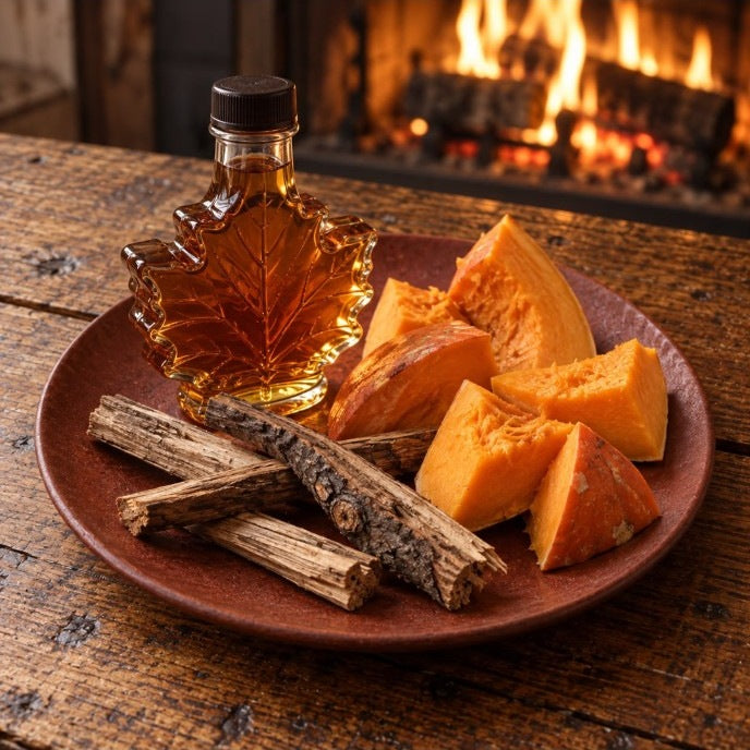 Autumn in New York candle scent inspiration with maple syrup, sliced pumpkin, wood logs and a glowing fireplace