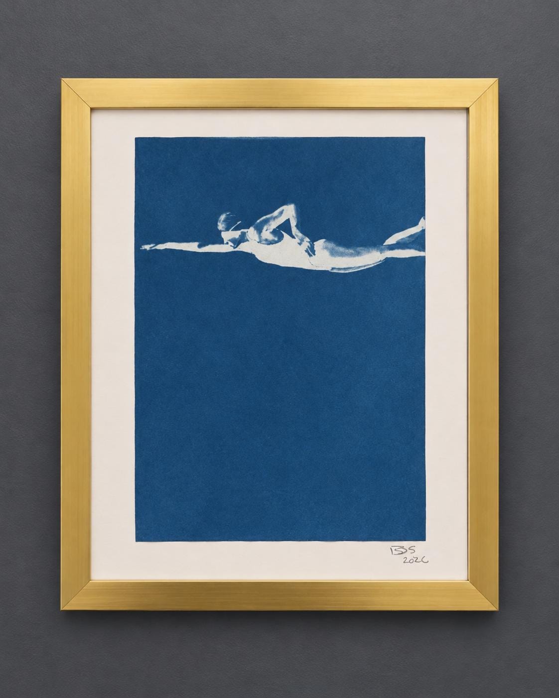 Original Cyanotype Swimmer Art – The Crossing, Framed Prussian Blue Underwater Wall Art, One of a Kind
