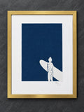 Original Surfer Cyanotype Art – Woman with Surfboard, Framed Indigo Blue Coastal Wall Art, One of a Kind