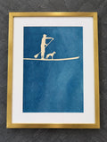 Original Paddleboard Cyanotype Art, Person and Dog Silhouette, Framed Blue Coastal Wall Art, Dog Lover Gift