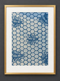 Original Bee Cyanotype Art, Honeycomb Botanical Print, Framed Blue Wall Art, Nature Inspired Fine Art