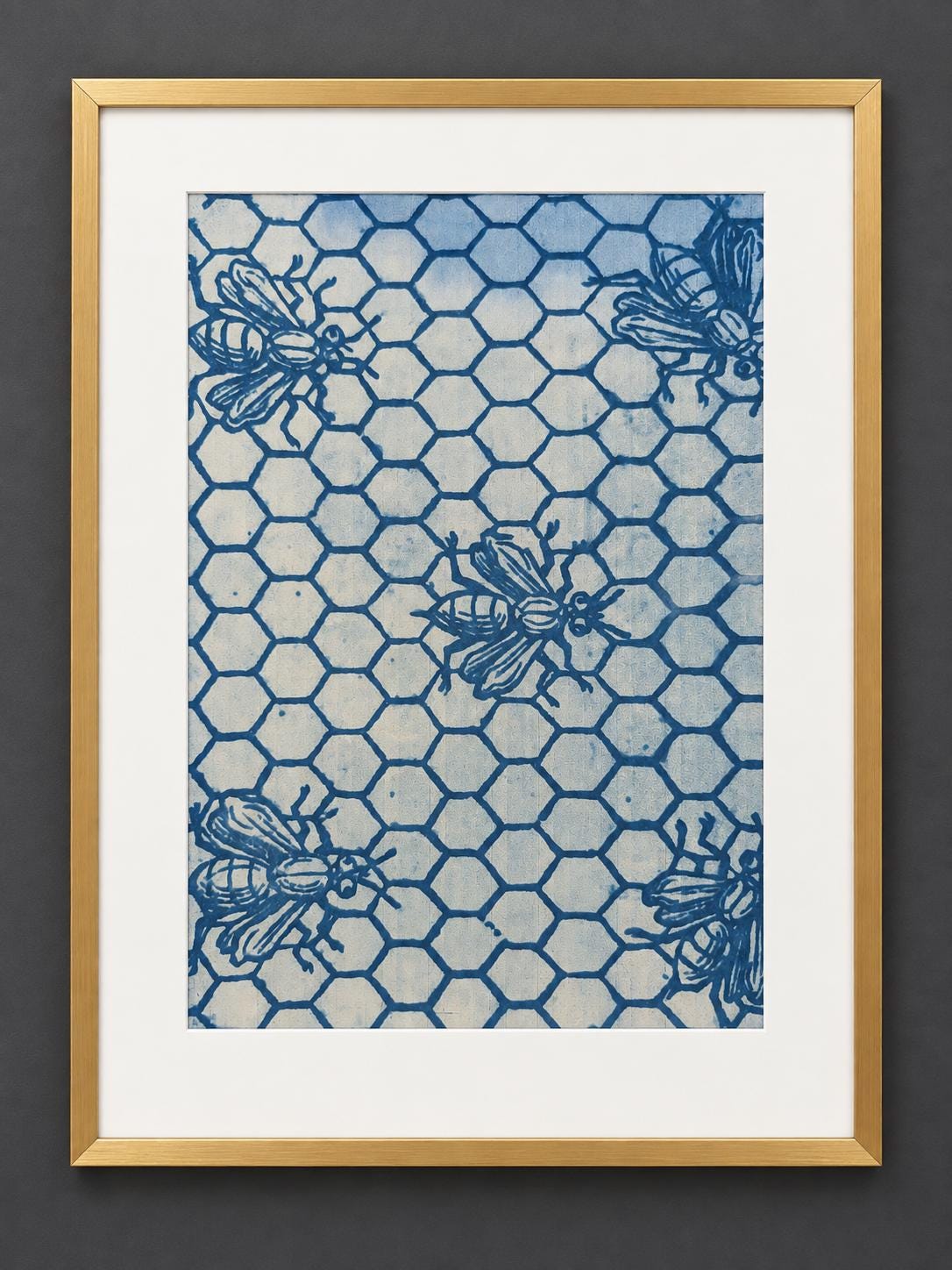 Original Bee Cyanotype Art, Honeycomb Botanical Print, Framed Blue Wall Art, Nature Inspired Fine Art
