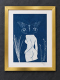 Original Cyanotype Feminist Art – Metamorphosis, Butterfly and Female Body, Framed Botanical Blue Wall Art