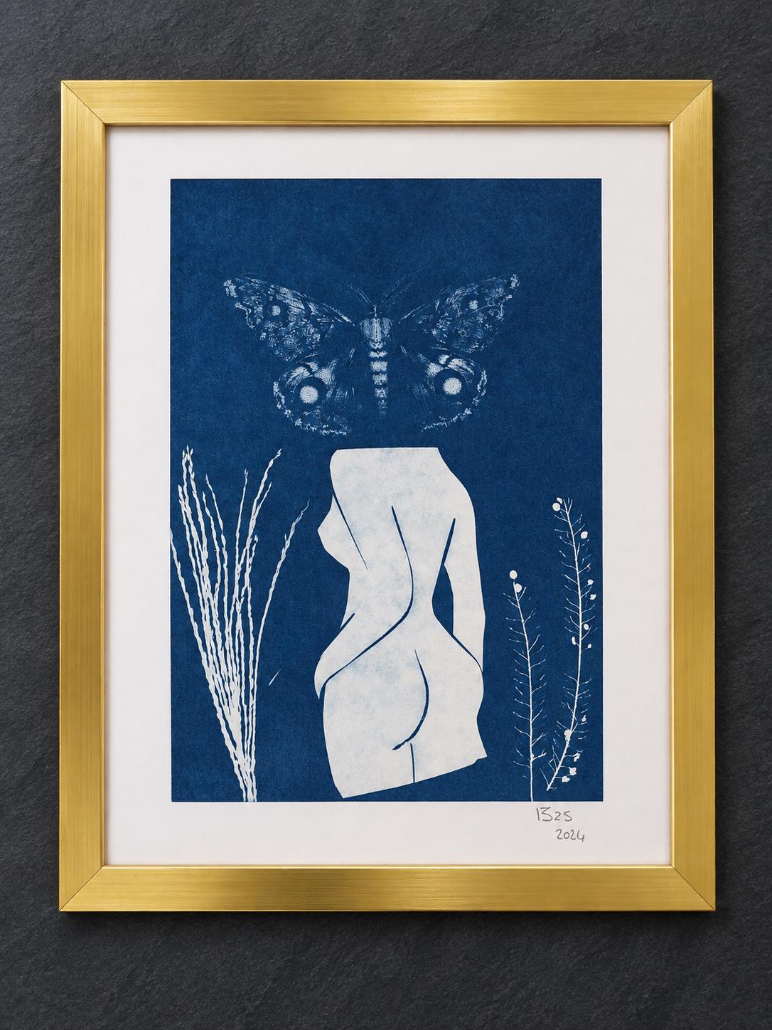 Original Cyanotype Feminist Art – Metamorphosis, Butterfly and Female Body, Framed Botanical Blue Wall Art