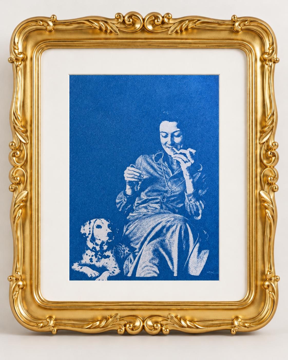 Anne Sexton and Dalmatian Cyanotype, Original Framed Poetry Art, 5x7