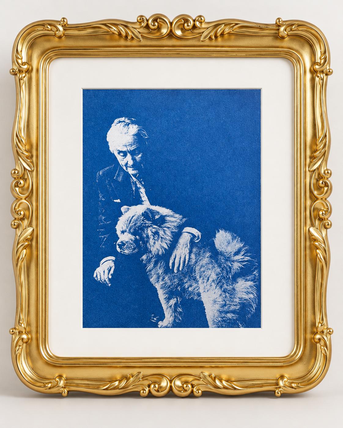 Georgia O'Keeffe and Chow Chow Cyanotype, Original Framed Art, 5x7