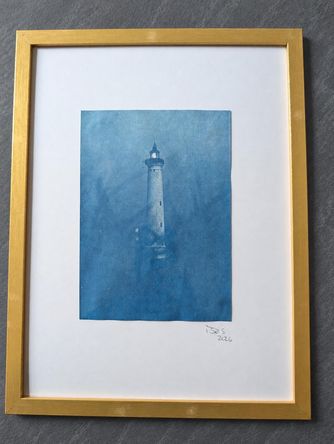Original Lighthouse Cyanotype Art, Misty Blue Coastal Wall Art, Framed Nautical Photography, One of a Kind
