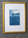 Original Lighthouse Cyanotype, Coastal Cliff Wall Art, Framed Blue Ocean Photography, Nautical Fine Art