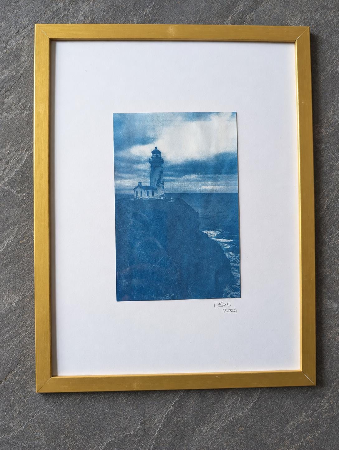 Original Lighthouse Cyanotype, Coastal Cliff Wall Art, Framed Blue Ocean Photography, Nautical Fine Art