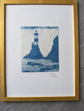 Original Lighthouse Cyanotype Art – Coastal Seascape, Framed Blue Nautical Wall Art, One of a Kind