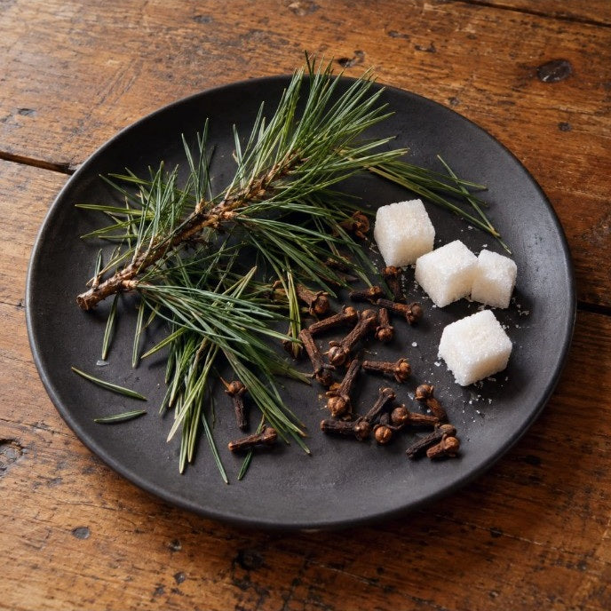 Holiday Brownstone candle scent inspiration of fresh pine needles, whole cloves and sugar cubes on a dark ceramic plate