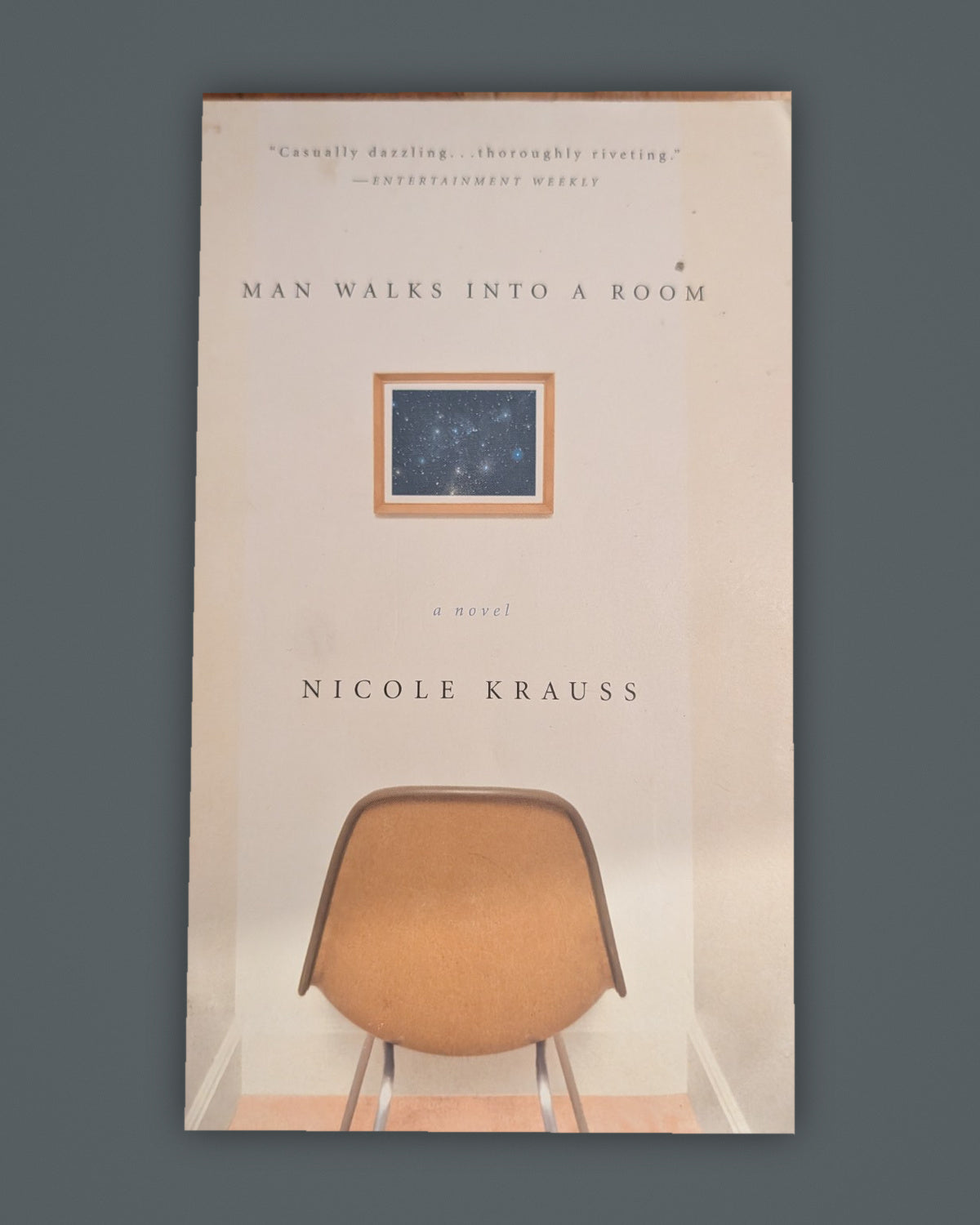 Man Walks Into a Room — Nicole Krauss book cover on slate-gray background