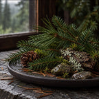 Botanical still life of evergreen pine and fir branches, moss, pinecone and wet stones evoking The Hike candle scent