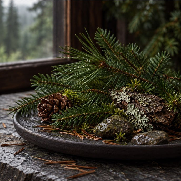 Botanical still life of evergreen pine and fir branches, moss, pinecone and wet stones evoking The Hike candle scent