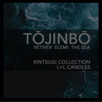 Tōjinbō Vetiver Elemi The Sea fragrance label from the L+L Candles Kintsugi Collection, with ocean wave imagery