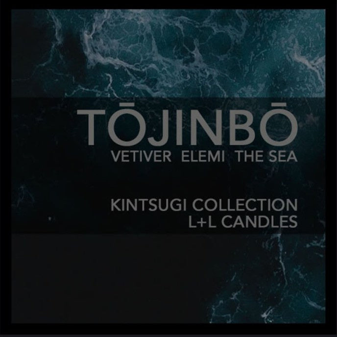 Tōjinbō Vetiver Elemi The Sea fragrance label from the L+L Candles Kintsugi Collection, with ocean wave imagery