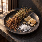 Tōjinbō fragrance inspiration with dried vetiver roots, golden resin and sea salt crystals on a dark ceramic plate