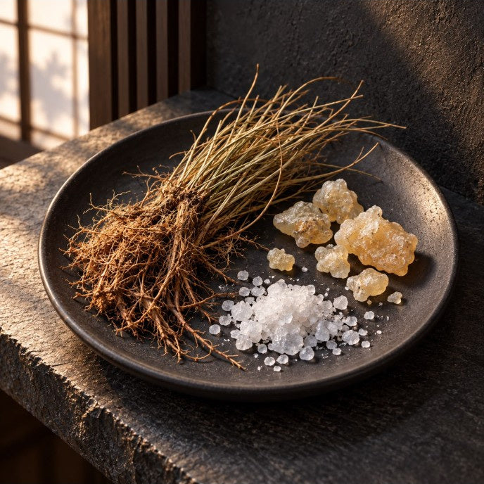 Tōjinbō fragrance inspiration with dried vetiver roots, golden resin and sea salt crystals on a dark ceramic plate